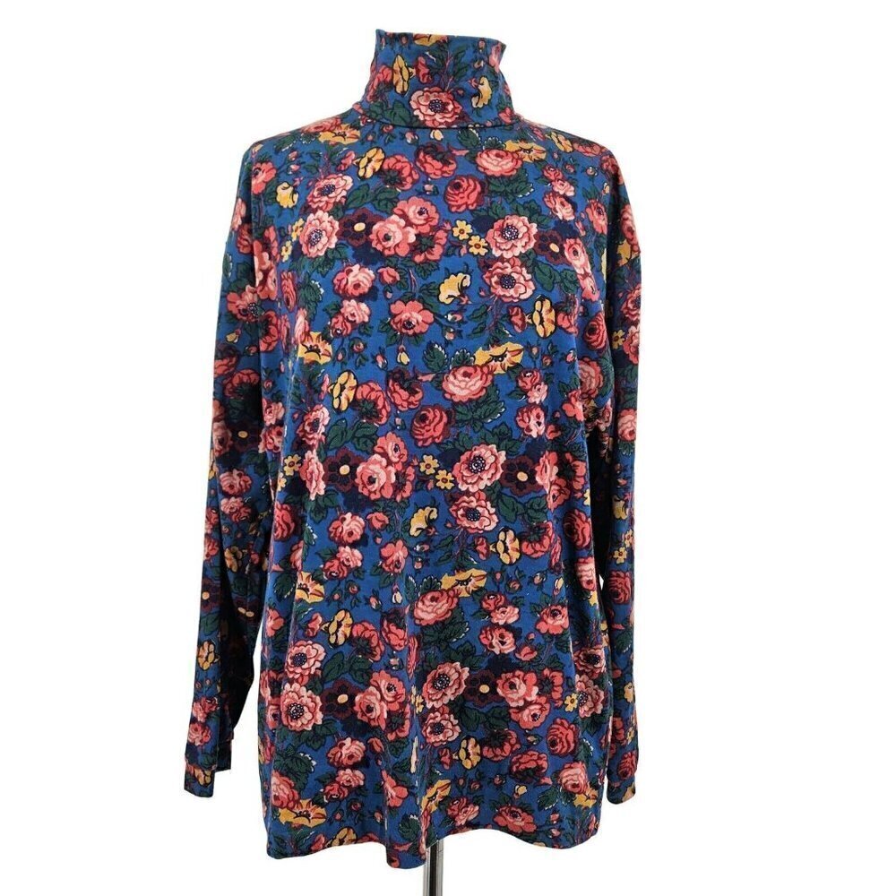 Vtg Laura Ashley Floral Turtleneck Blouse Womens M/L Cotton Top